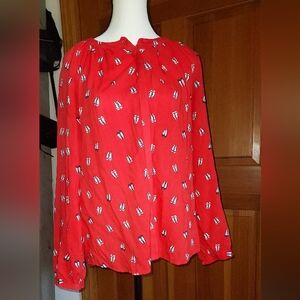 Boden Paris Longsleeve Red Printed Hiden Button Down Blouse Size 6